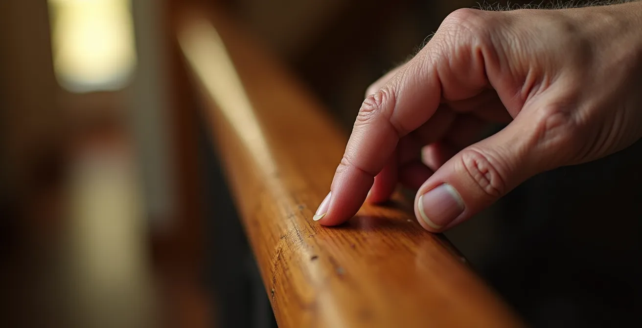 Main de personne âgée touchant délicatement une rampe en bois poli